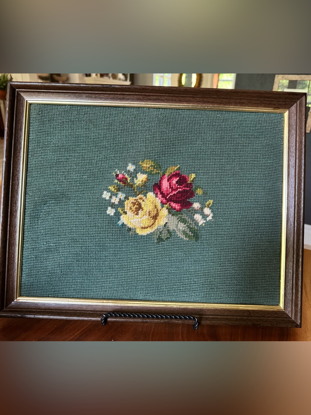 Vintage Floral Needlepoint Framed Art - Red & Yellow Roses on Teal